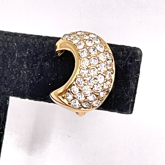 Christian Dior Signed Vintage Gold Plate Half Moon Rhinestone Clip-on Earrings - Picture 3 of 8